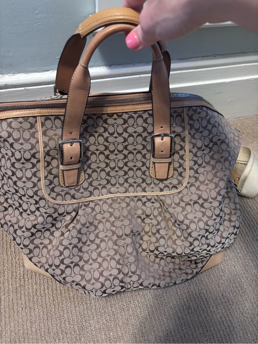 Coach Brown Signature Canvas Overnight Bag with Tan Leather Trim